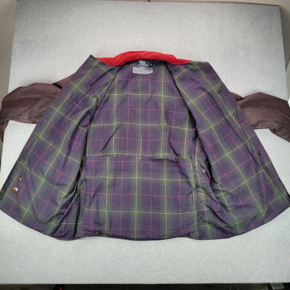 Polo Ralph Lauren Field Jacket Mens L Brown Waxed Oiled Cotton Hunting Lined - Picture 4 of 13